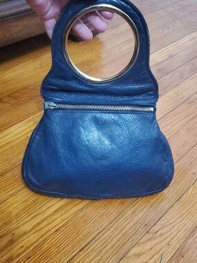 RARE TALON Leather Ring Handle Clutch in Navy with Gold Accent